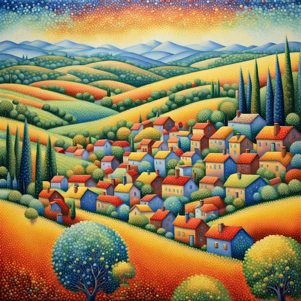 Idyllic Village in Pointillism Style with Warm Sunlight