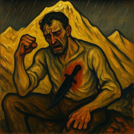 Weary Man on Golden Mountain with Leaden Words