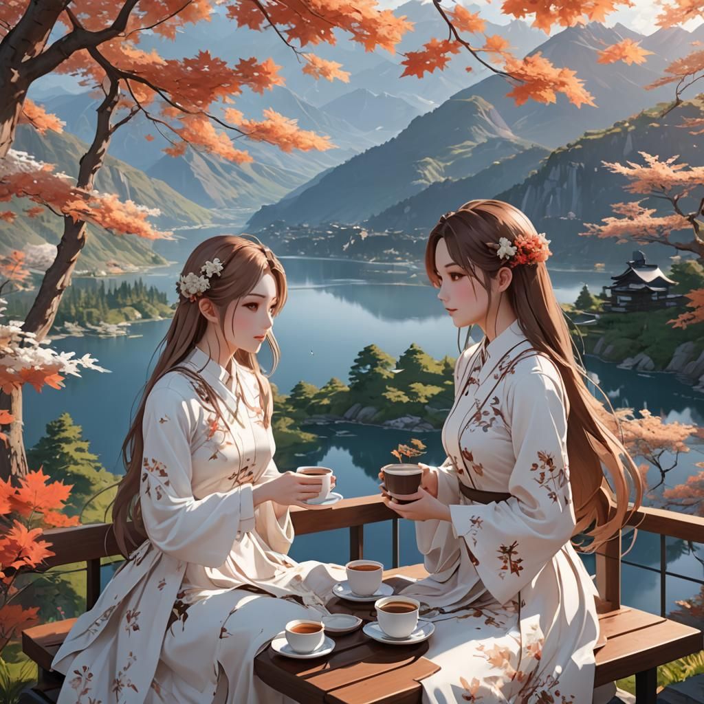 Serene Mountain View: Two Girls Enjoying Coffee
