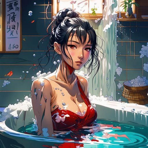 Beautiful Asian Woman Taking a Bath