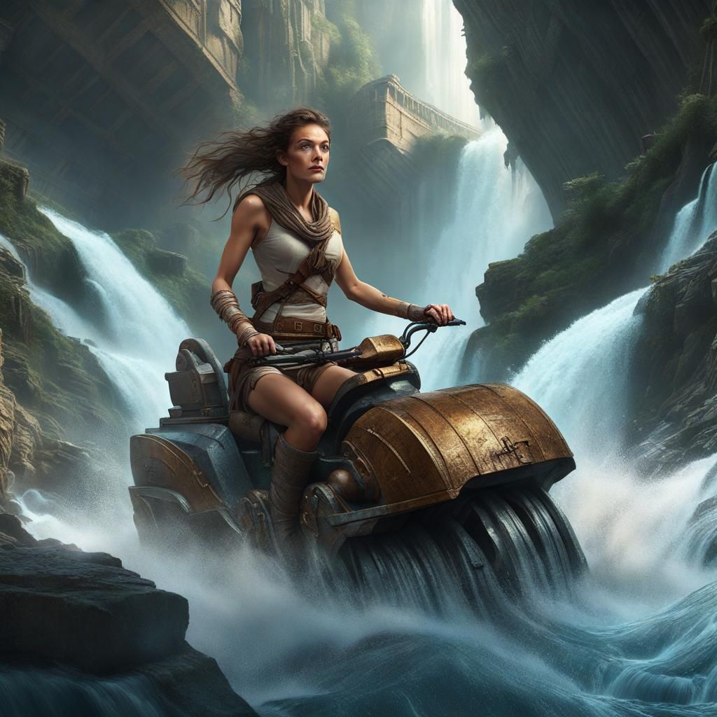 Fantasy Archeologist Rides Machine Through Jungle Waterfall