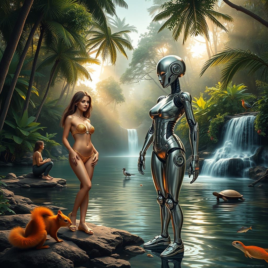 Surreal Tropical Jungle Scene with Robot and Woman