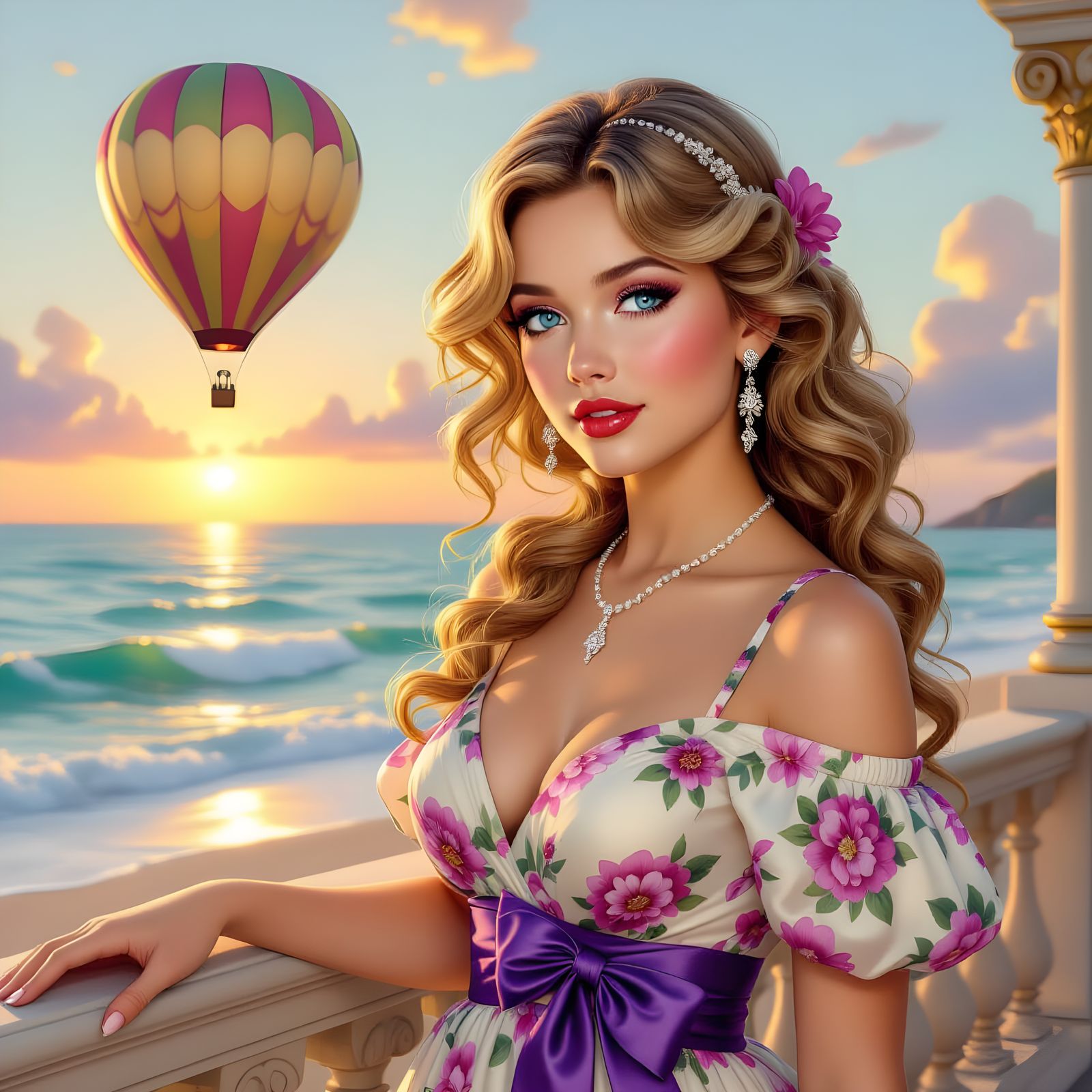 Sunset Beauty Watching Hot Air Balloon, Oil Painting