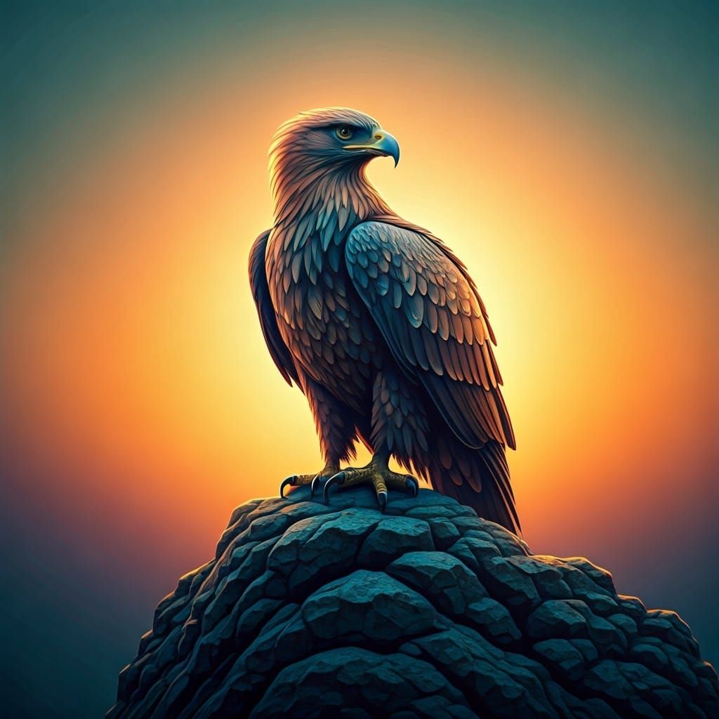 Watercolor Eagle on Rocky Crag at Sunset