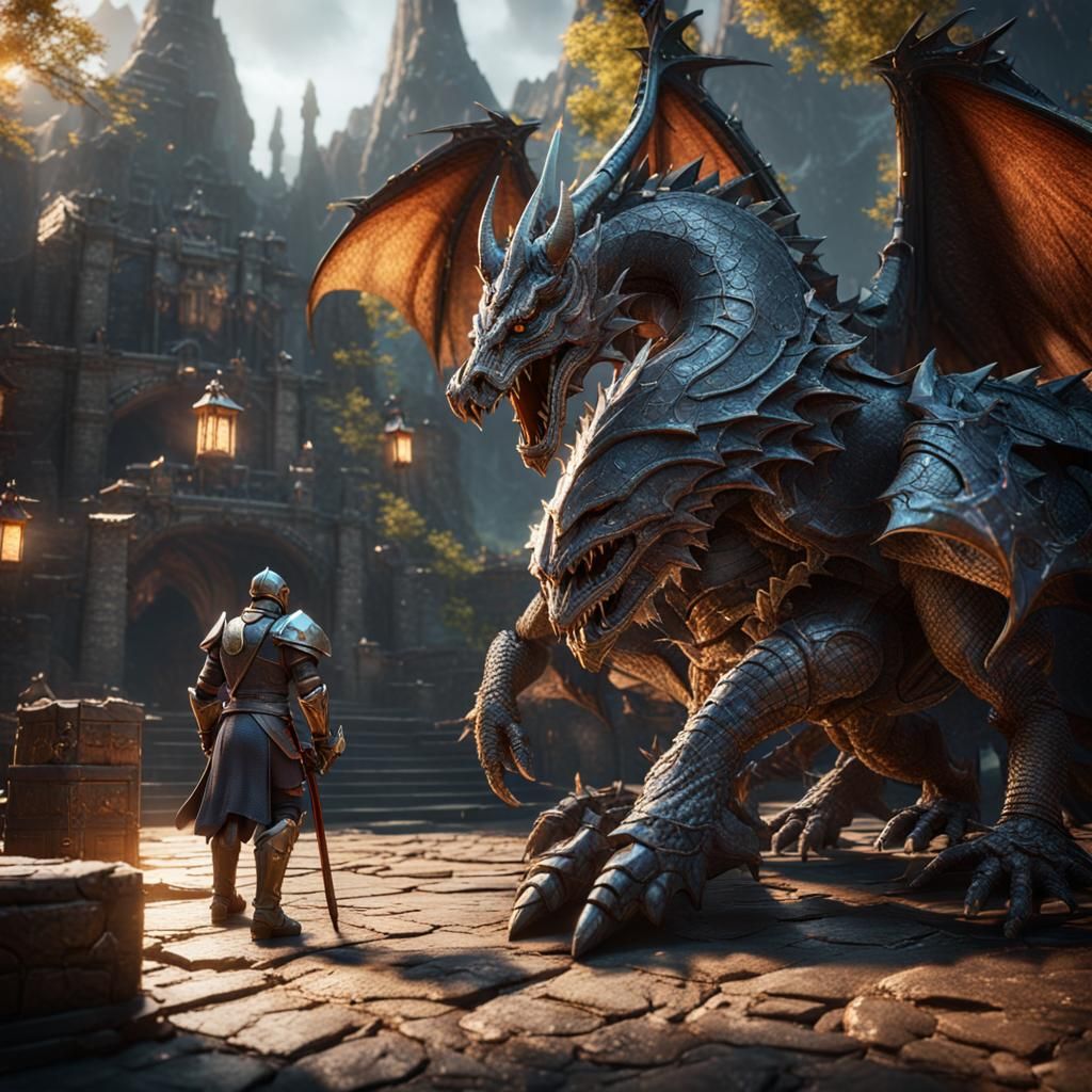 Epic Knight Versus Dragon in 3D Rendering