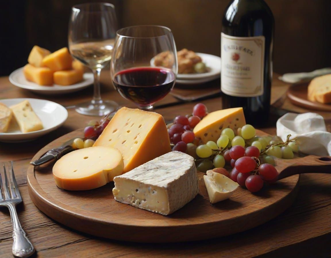 Realistic Oil Painting of a Cheese Plate with Wine