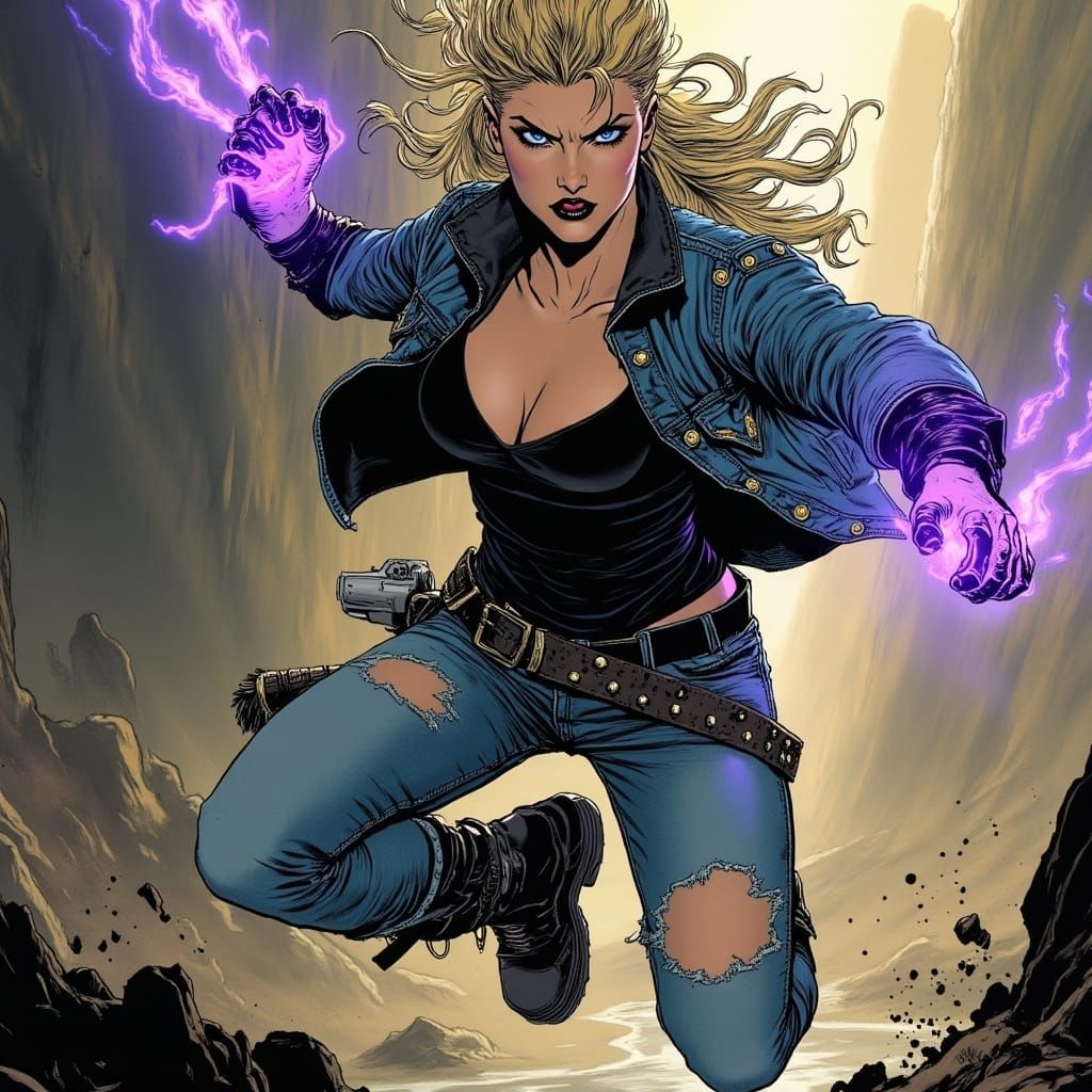 Dynamic Female Warrior Leaping with Energy Stun Gun