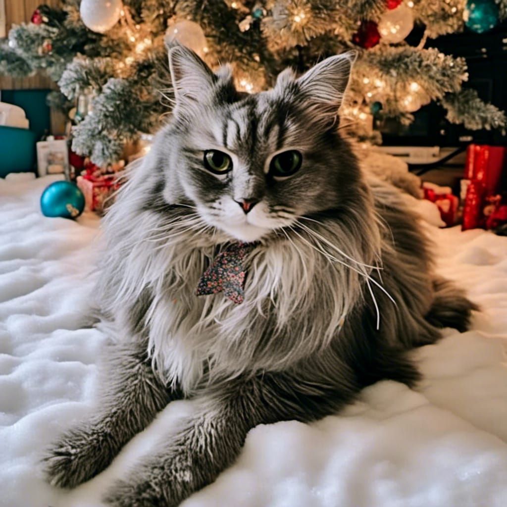 Cat in Snow with Ribbon and Falling Snowflakes
