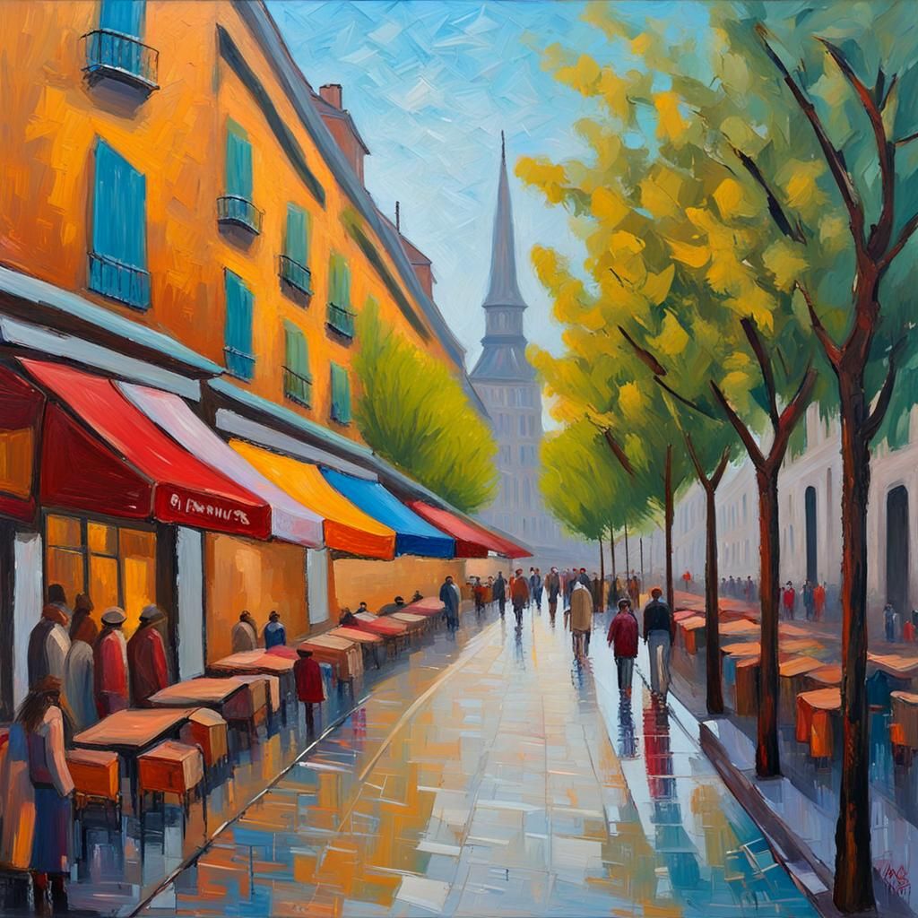 European Street Scene in Neo-Impressionist Style