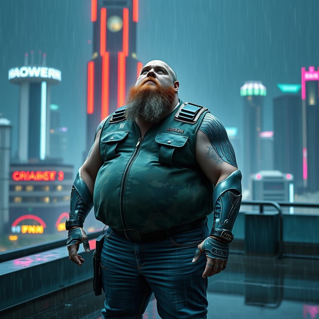 Cybernetic Warrior Gazing at Rainy Neon Future