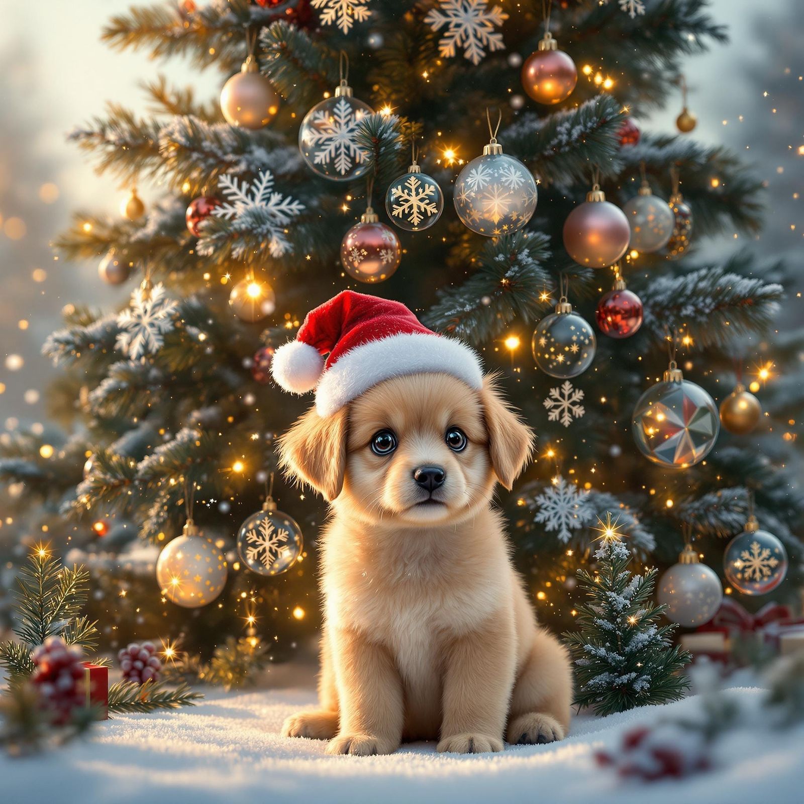 Christmas Puppy in Whimsical Winter Wonderland Scene