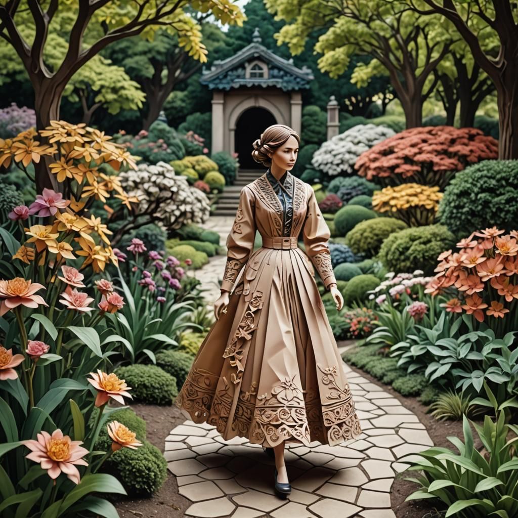 Prompt - 
"A detailed photograph of a Kirigami Craft paper colored in old fashion dresses woman walking in a beautiful g...