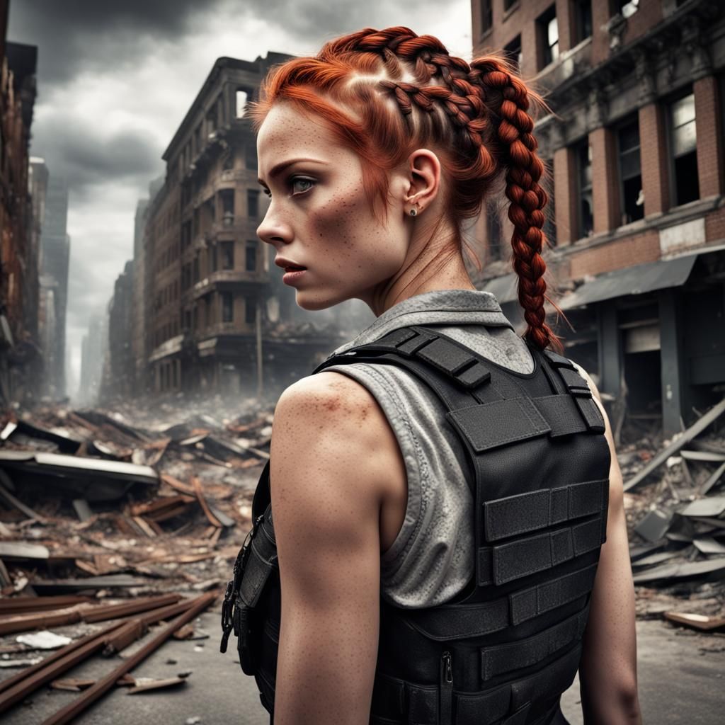 Auburn Beauty Amidst City Destruction in HDR