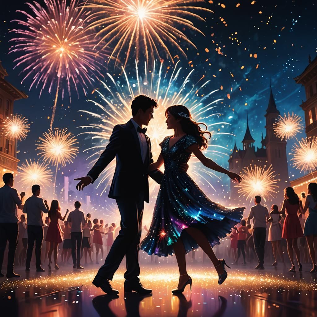 Couple Dancing Silhouetted Against Fireworks Display