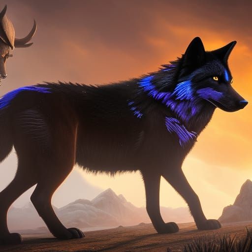 Scarred Black Wolf with Blue Eyes in Plains