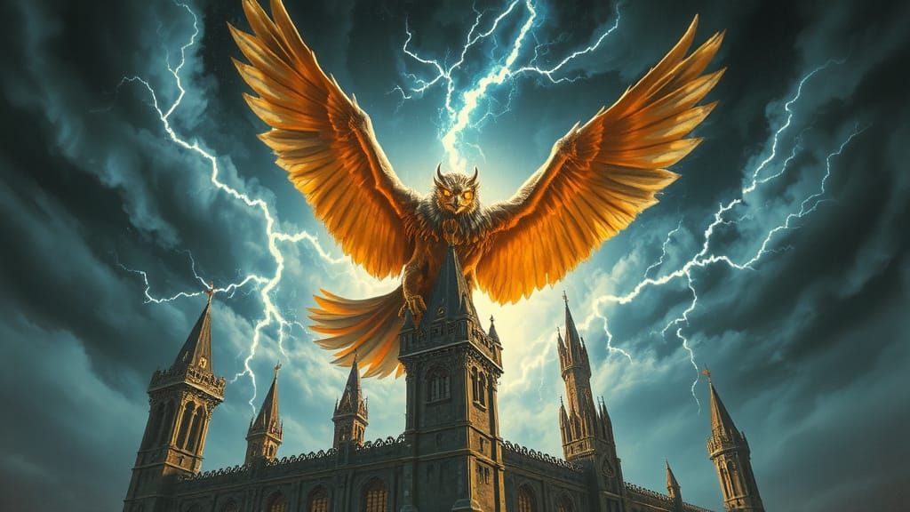 Griffin Soaring Above Gothic Castle in Dark Fantasy Style