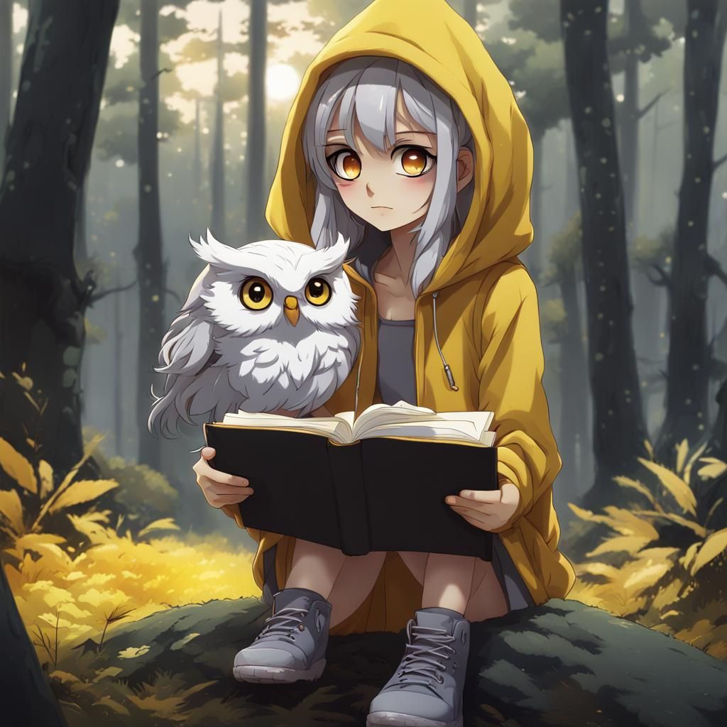 Anime Owl Girl Finds Book in Forest