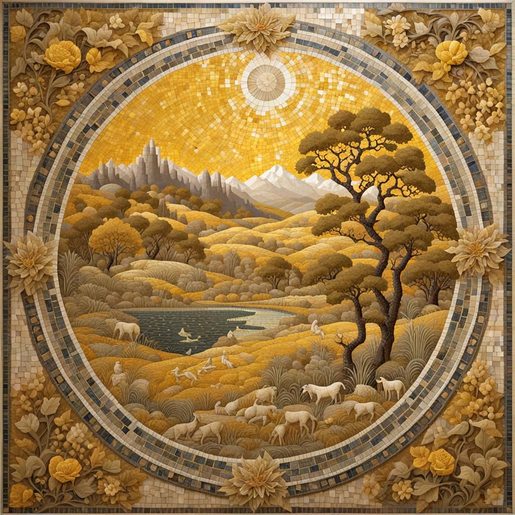 Yellow Mosaic Artwork of Nature and Mythology