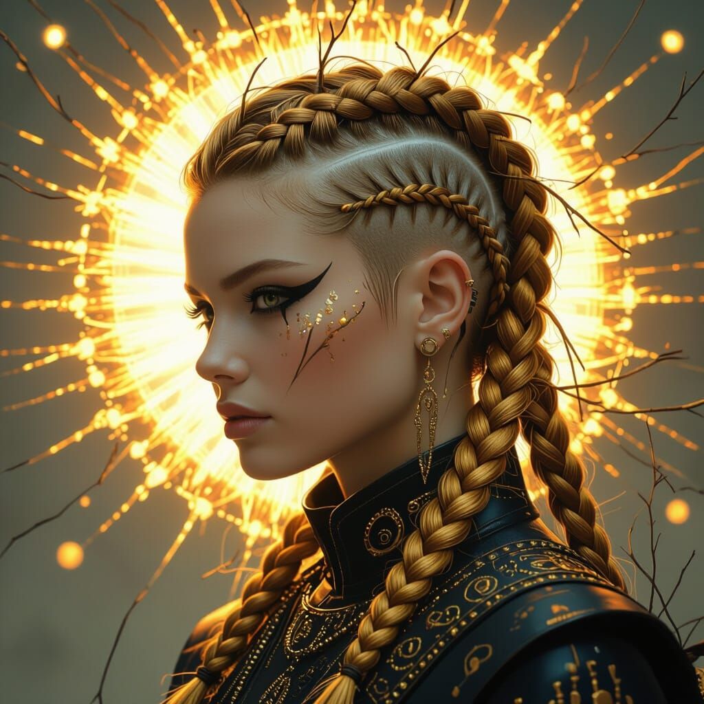Golden Braids Mohawk with Ethereal Aura, Digital Art