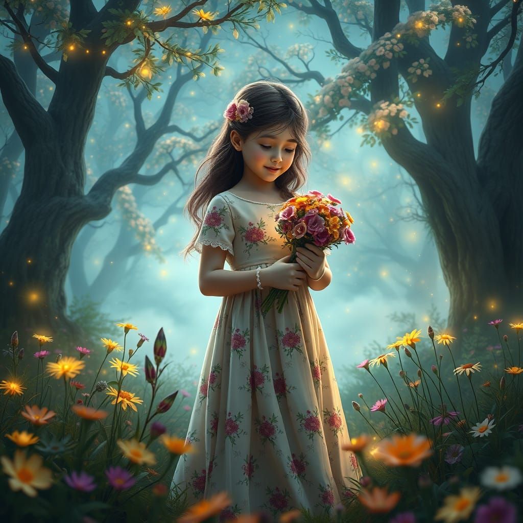 Girl in a Whimsical Spring Garden, Dreamlike Matte Painting