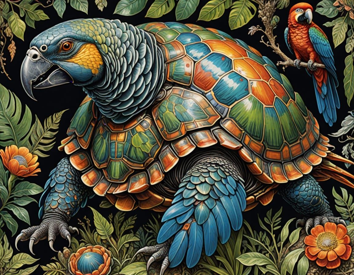 Feathered Tortoise-Macaw Hybrid: Zoological Atlas Illustrati...