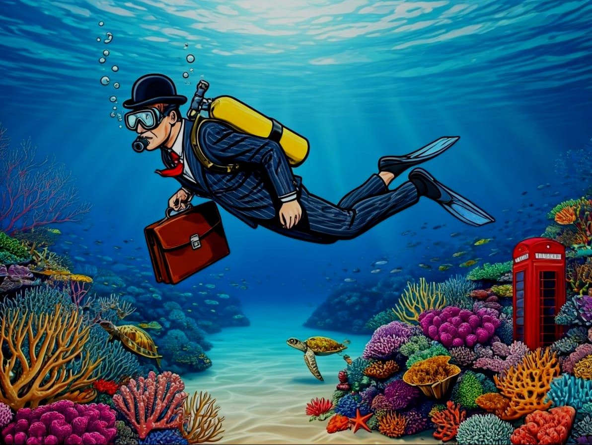 Surreal Businessman Swimming in Pop Art Reef