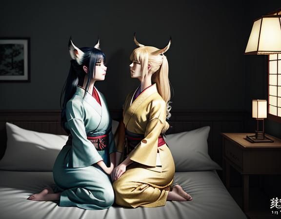 Kitsune Intimacy: Manga-Inspired Kiss in Bedroom
