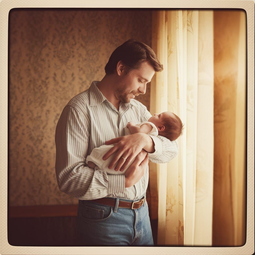 Vintage Polaroid of Father with Newborn Baby