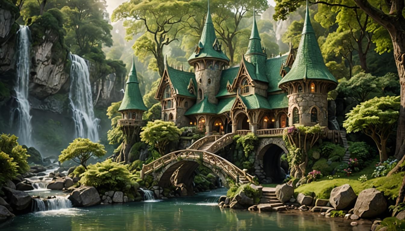 Elegant Elven House Near Waterfall in Fantasy Landscape
