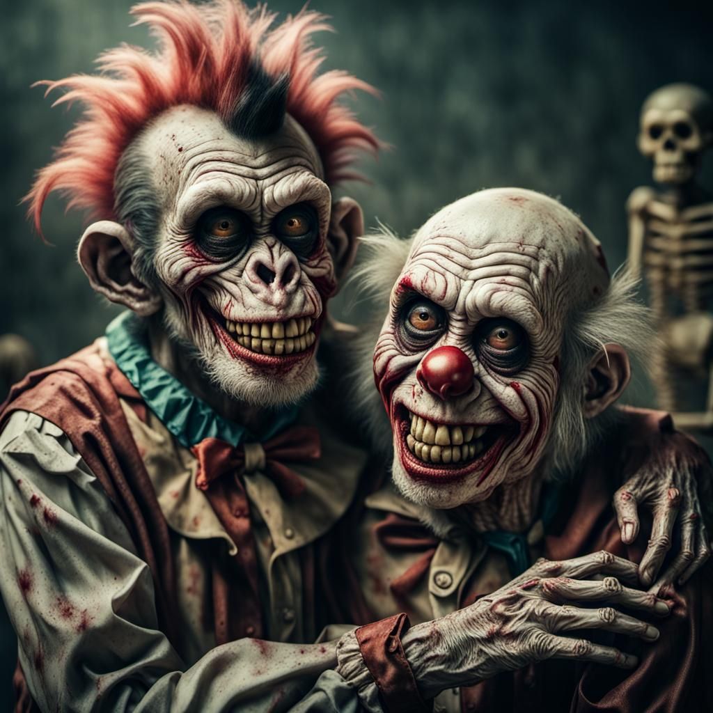 Cinematic Zombie Monkey Clown Cuddling Skeleton