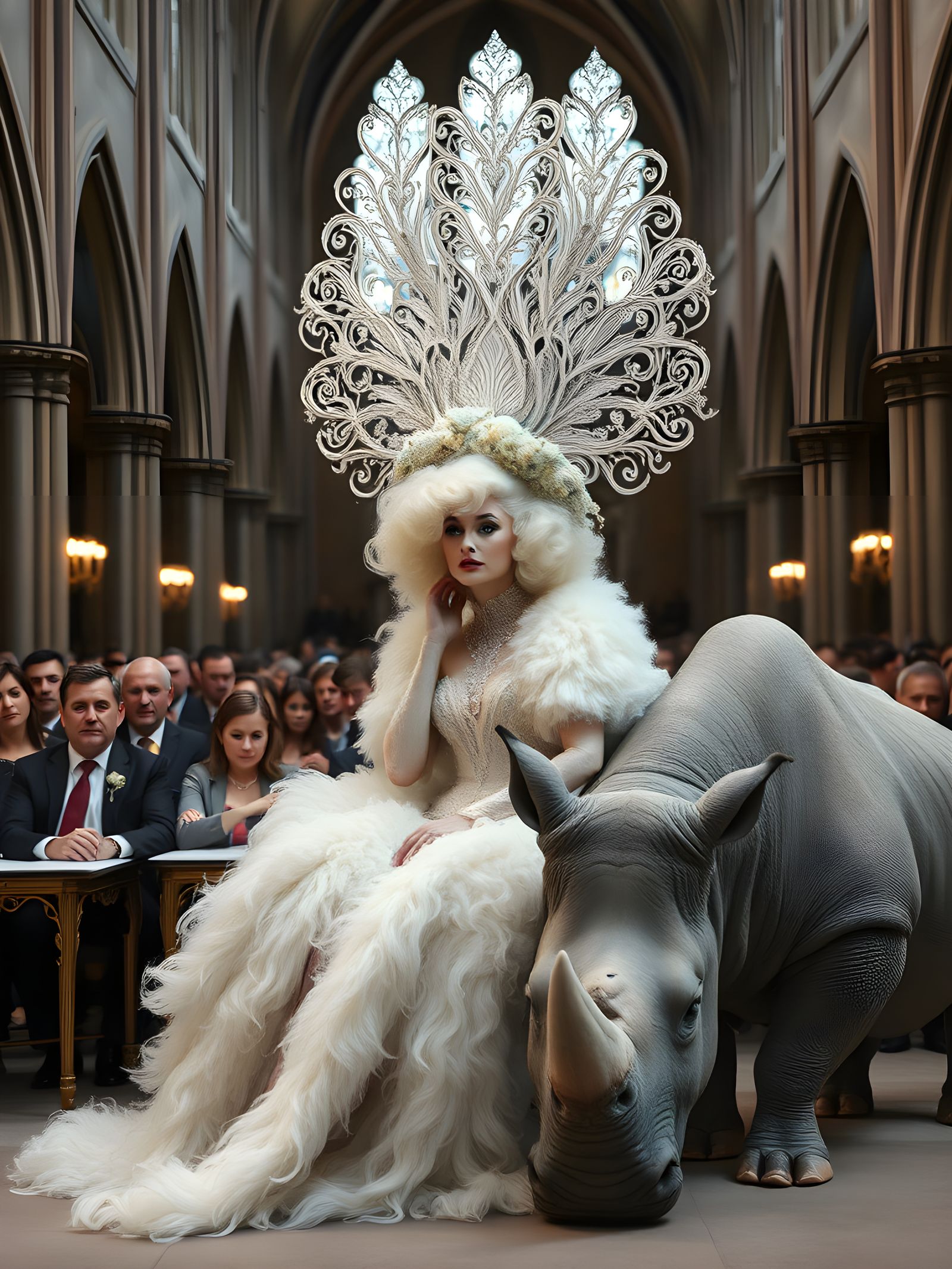Albino Woman and Rhinoceros in Gothic Cathedral