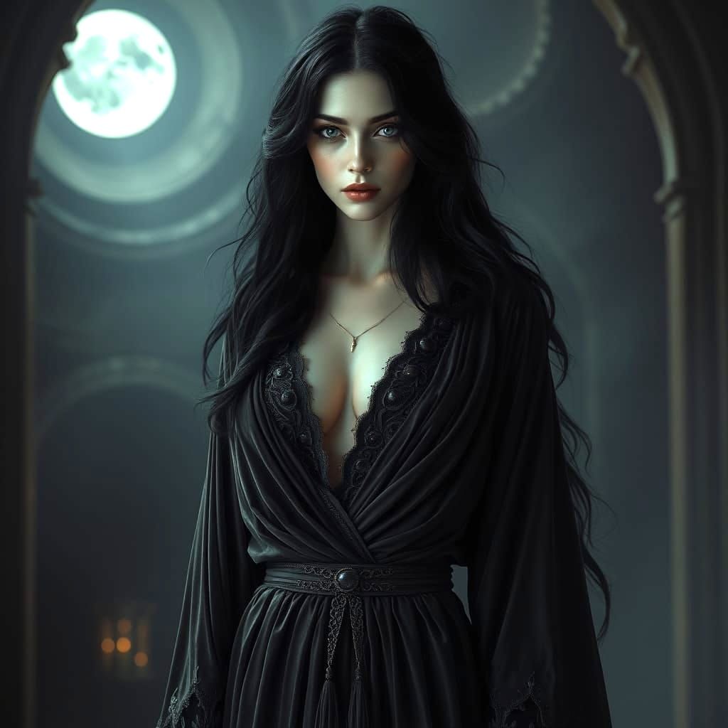 A mysterious temptress, shrouded in an aura of dark fantasy,...