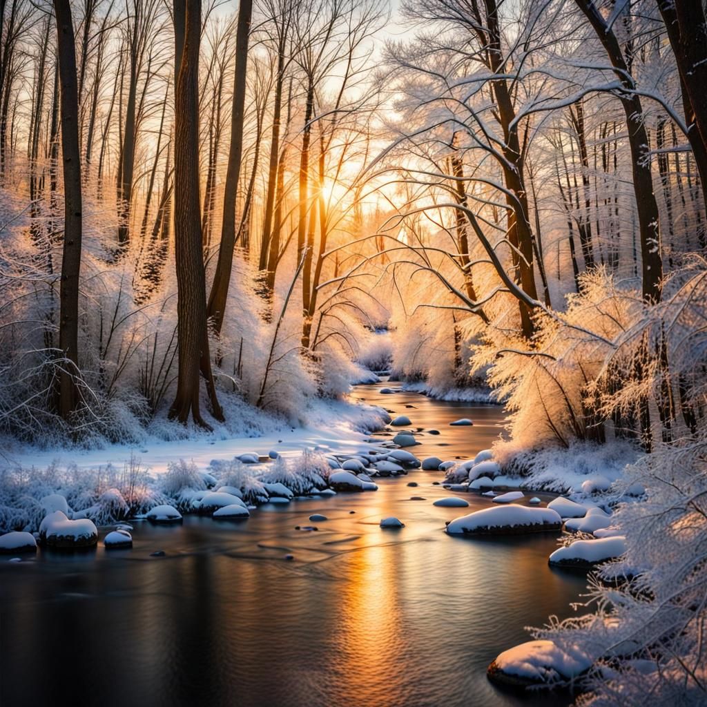 Golden Hour Frosty River Forest