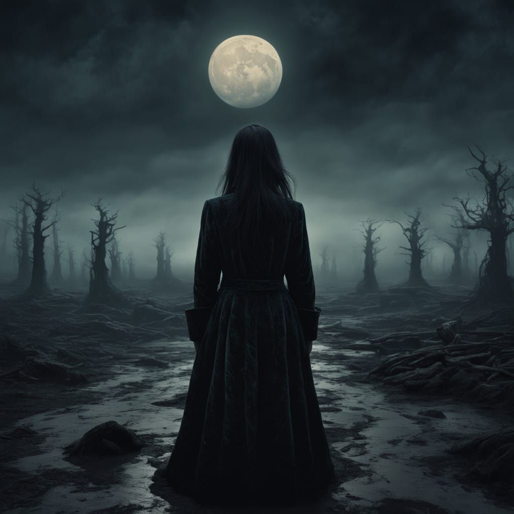 Woman in Velvet Coat, Desolate Landscape, Ethereal Glow