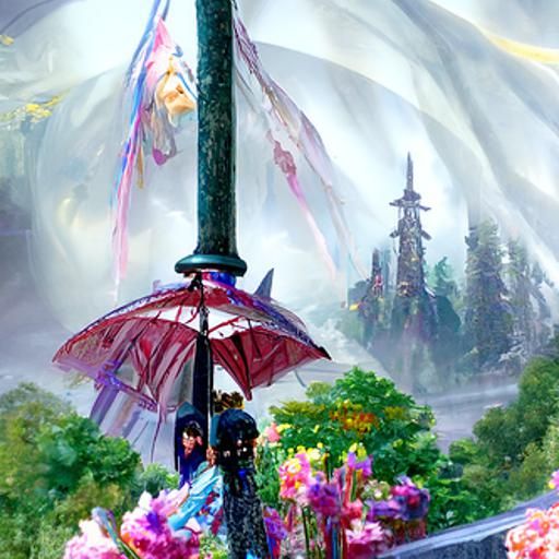 Ethereal Waifu Umbrella in a Misty Landscape