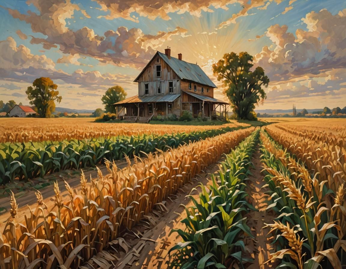 Sunlit Cornfield: Impressionist Landscape Painting
