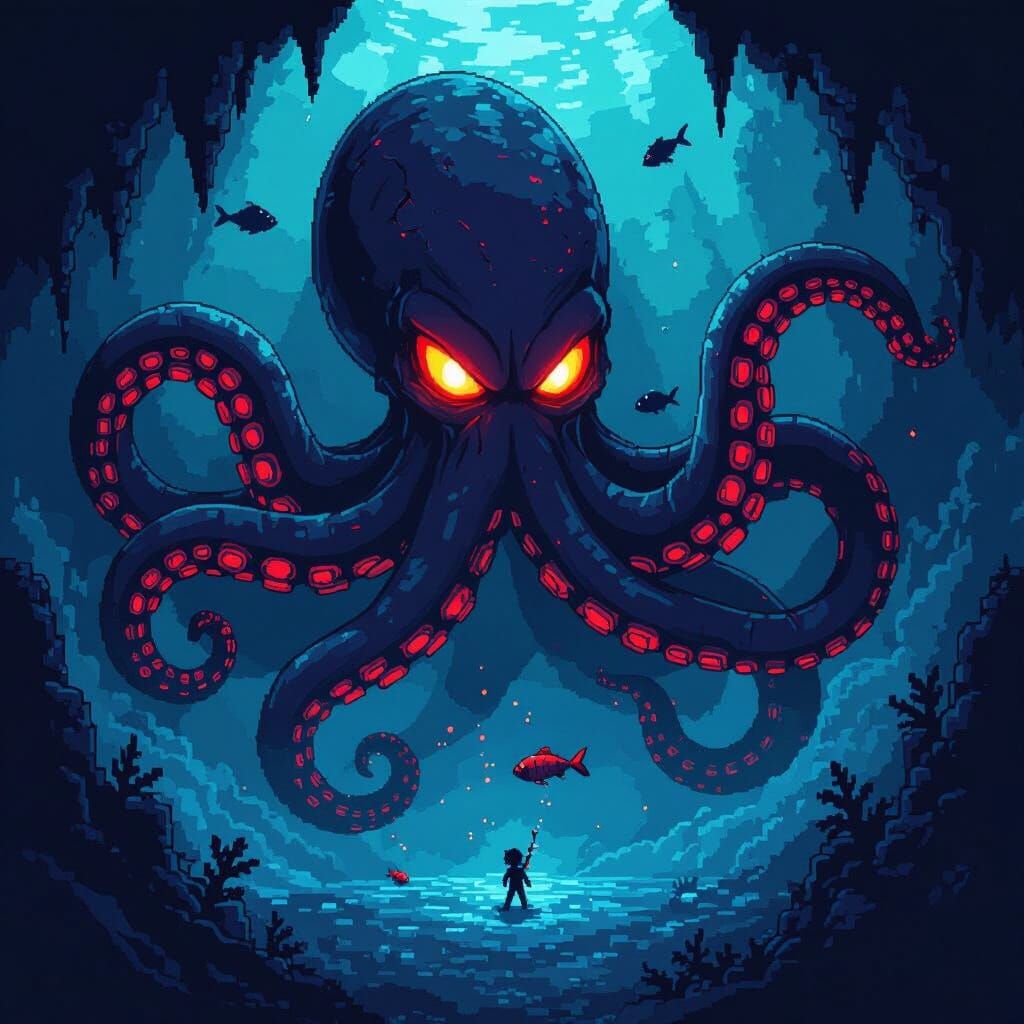 Gigantic Kraken Pixel Art From the Dark Abyss