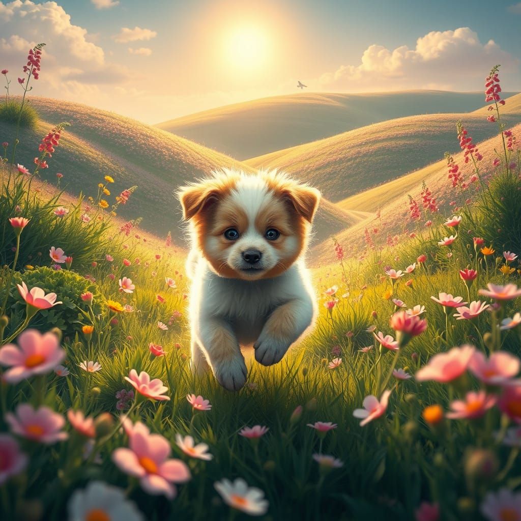 Playful Puppy in Vibrant Floral Wonderland