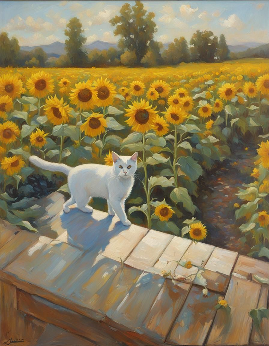 Cat in Sunflowers, Oil Painting