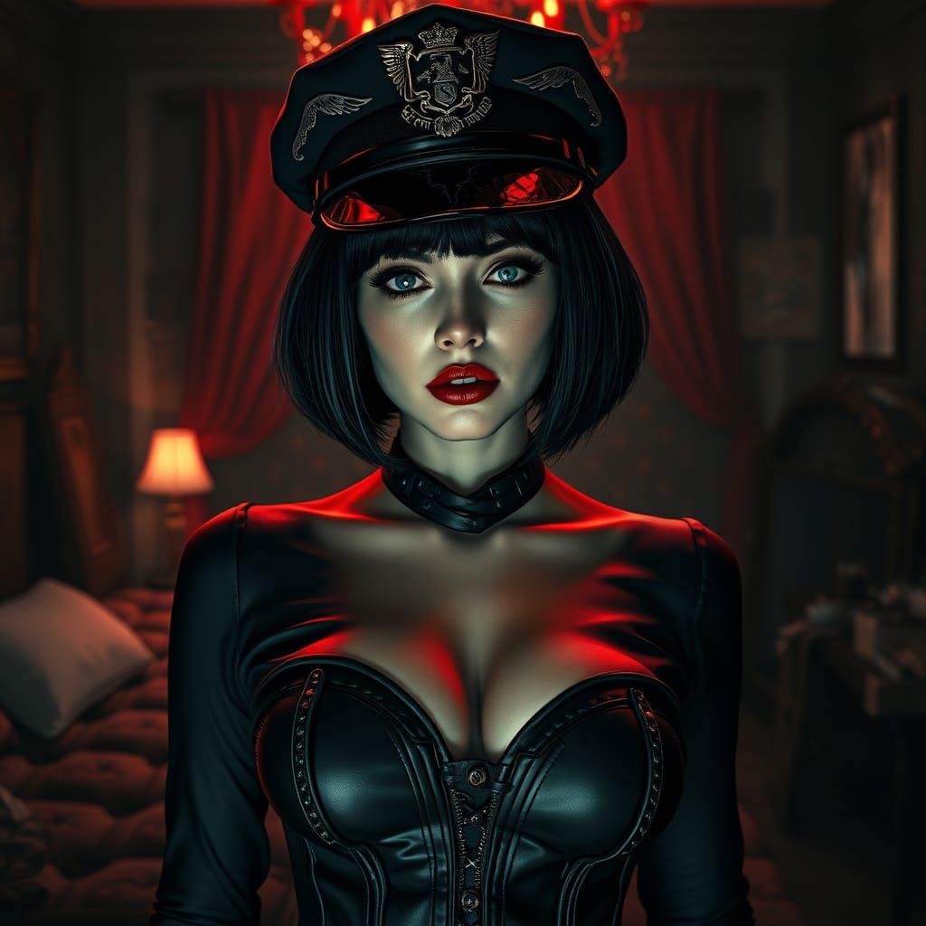 Gothic Noir Police Officer Portrait in Dark Red and Black