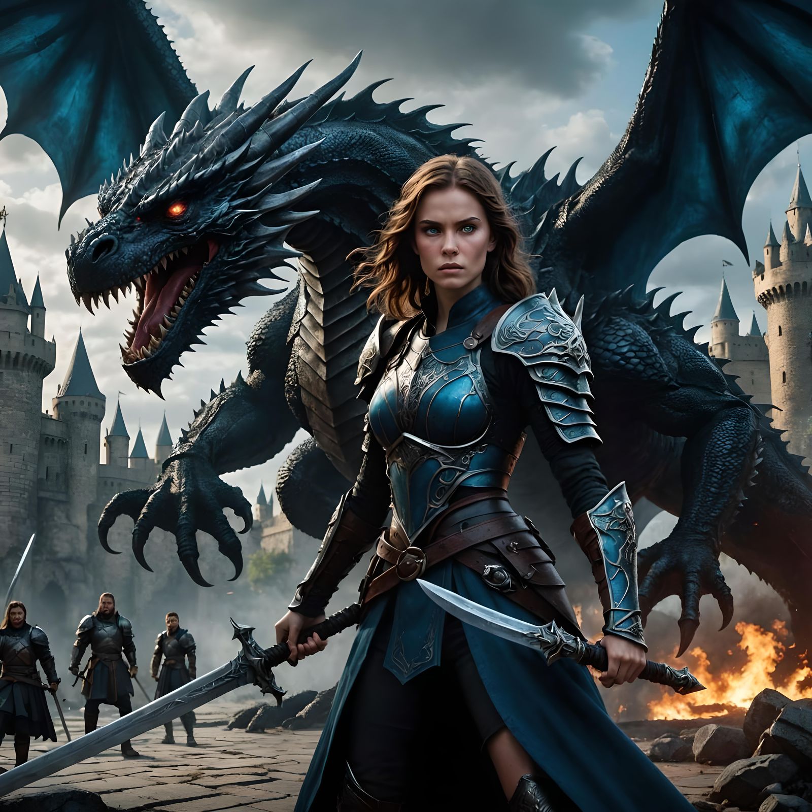 Black Dragon and Woman Warrior in Dark Fantasy