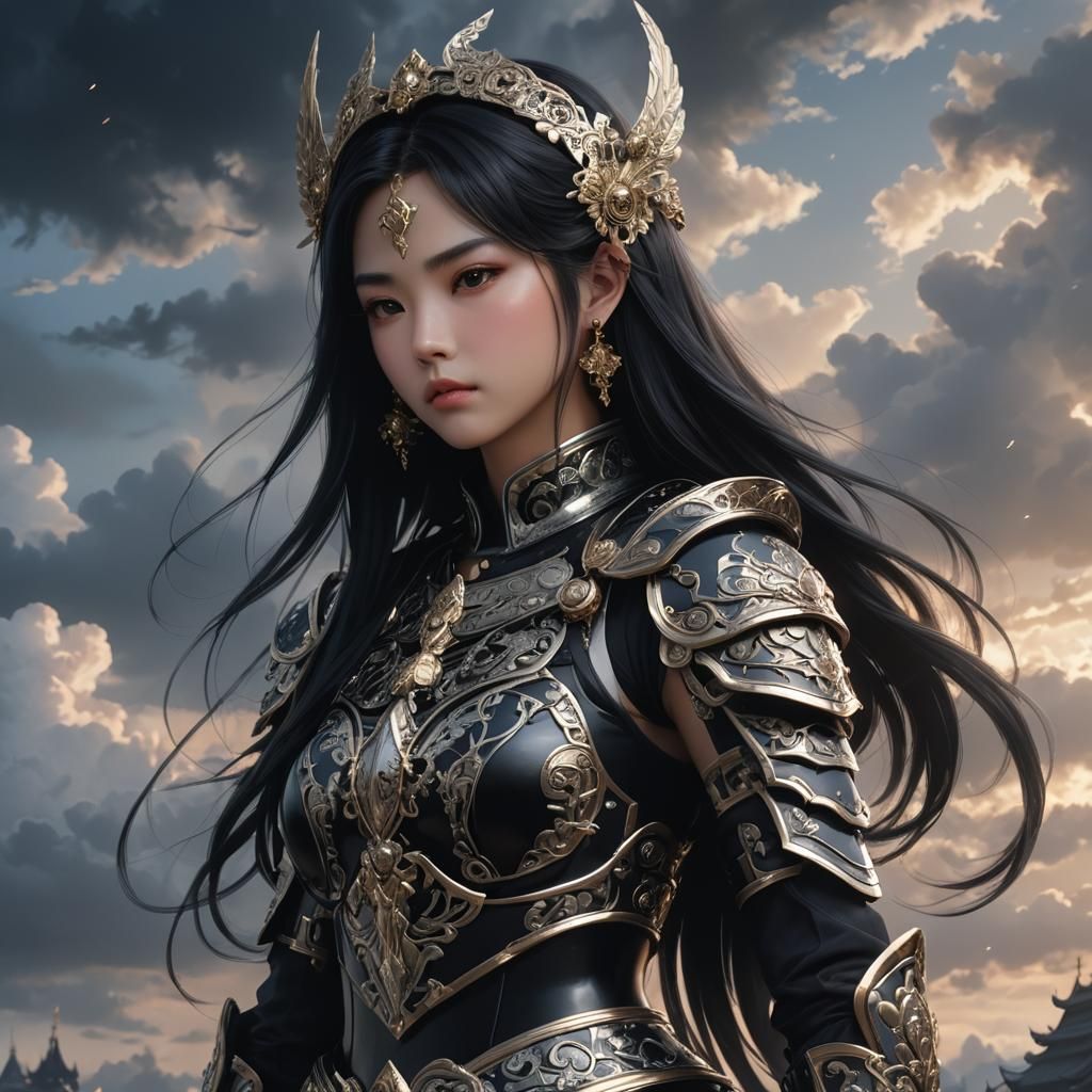 Anime Woman with Armor in Dawn Light