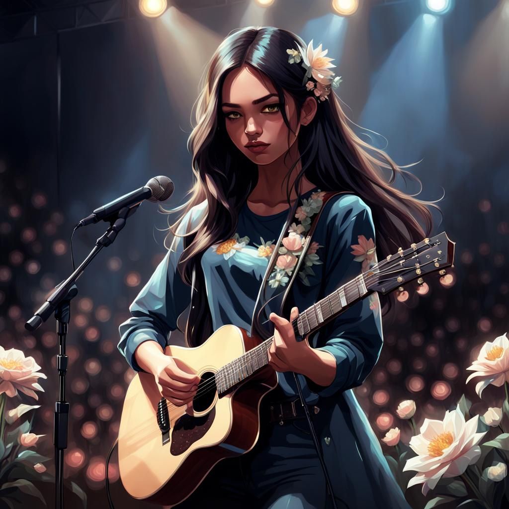 Girl with Floral Guitar in Dynamic Lighting