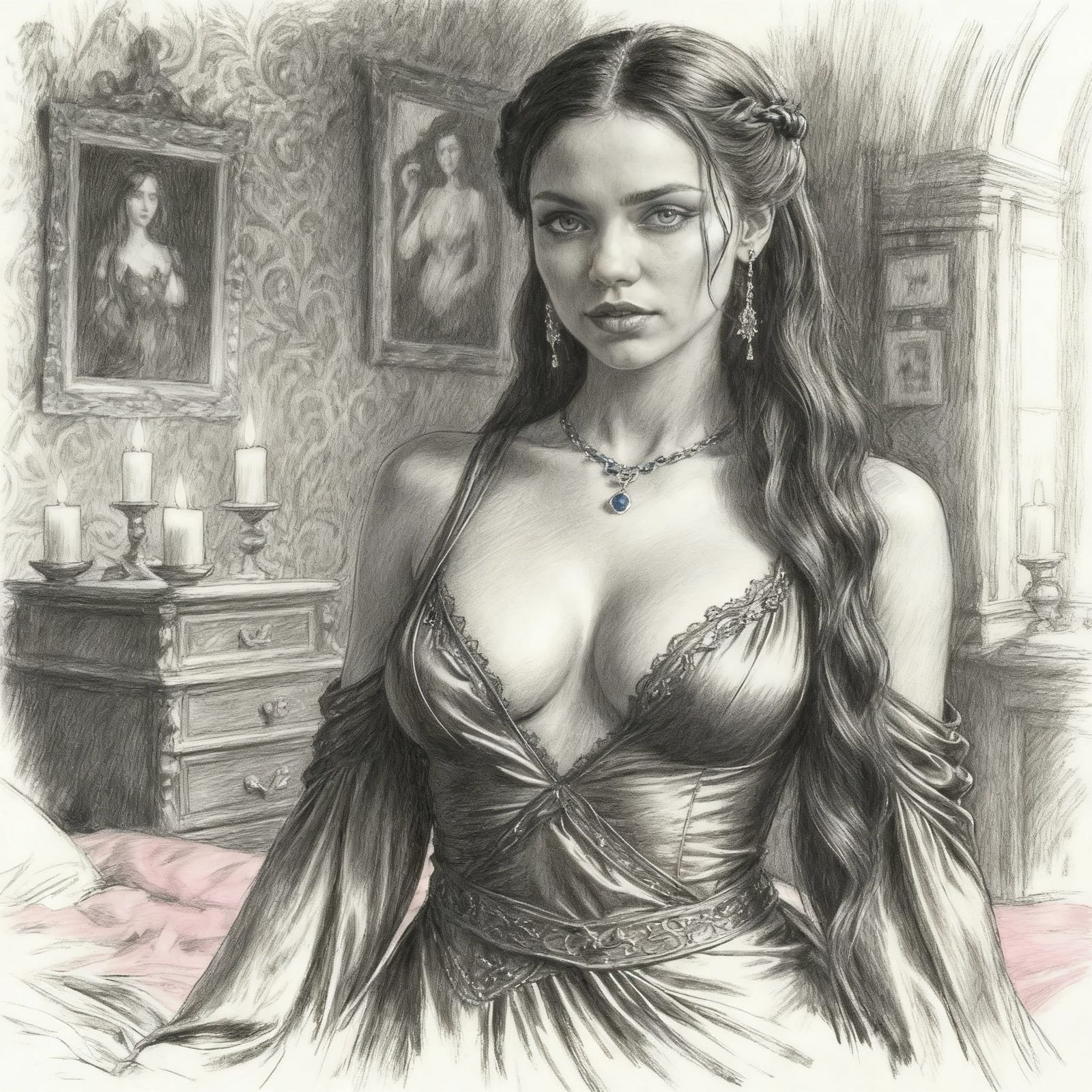 Lady in Blue Outfit as Charcoal Drawing