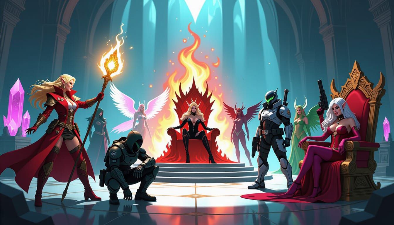 Fantasy Citadel Hall with Warrior Priestess and Mech Pilots