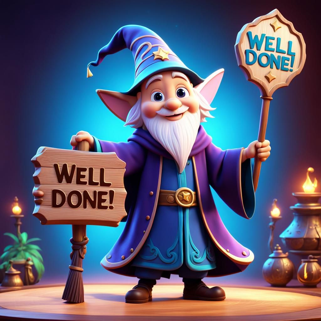 Cute Wizard Holding Sign: 'Well Done!' 3D Art