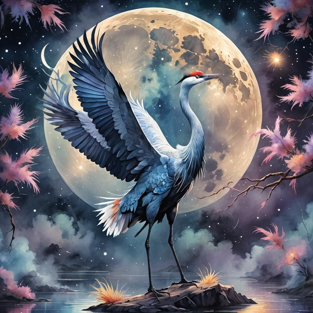 Ethereal Crane in Moonlit Splendor, Watercolor Style