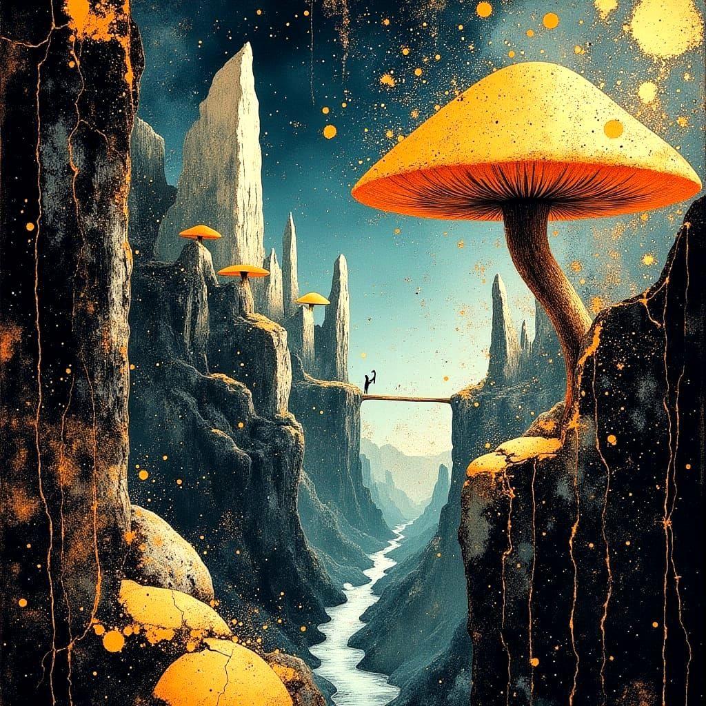 Bioluminescent Mushroom City with Energy Bridges