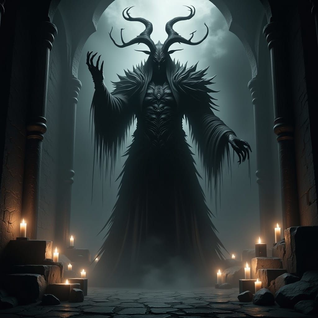 Dark God of Shadows Illuminated by Flickering Candles in a H...