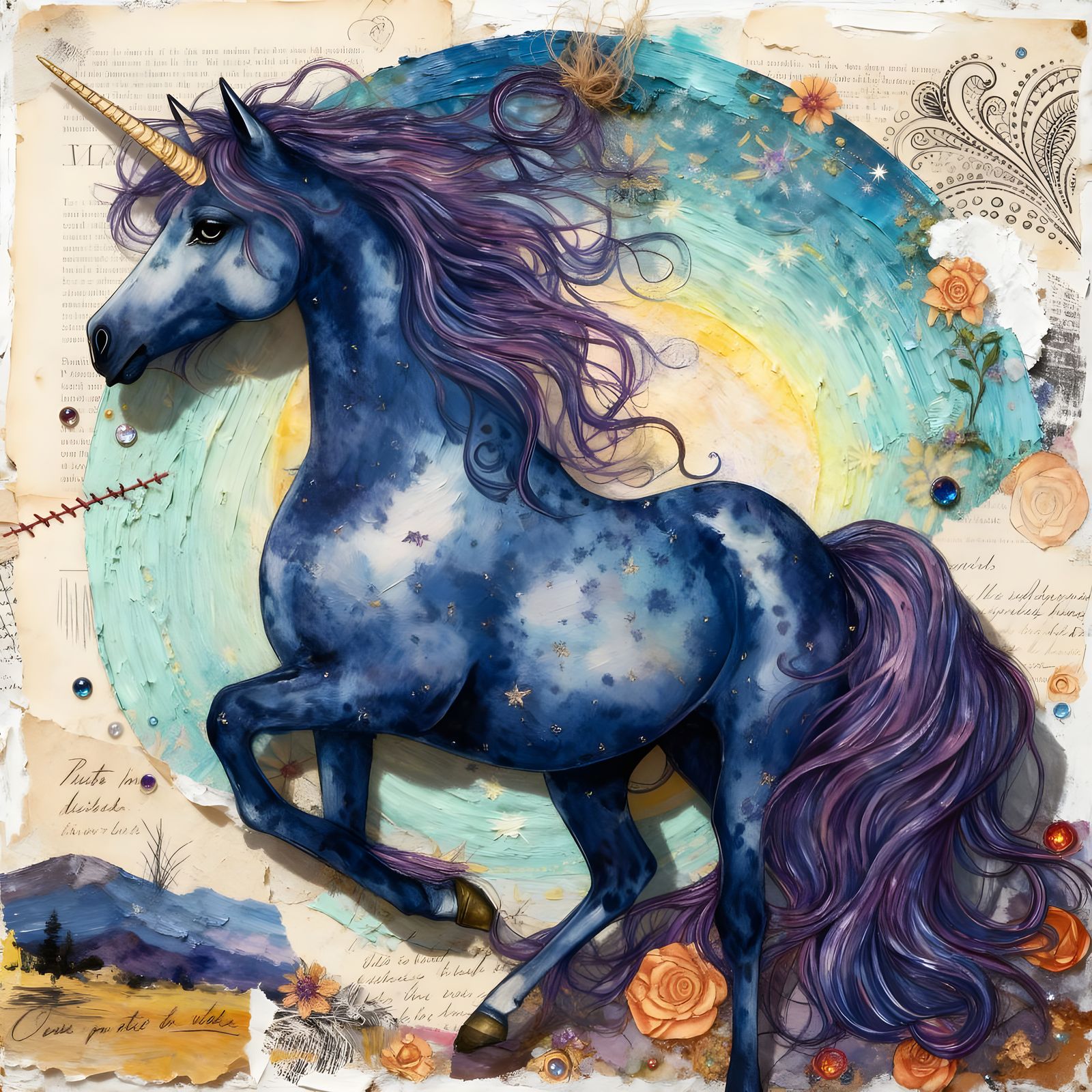 Ethereal Sky Unicorn Collage in Midnight Blue and Silver